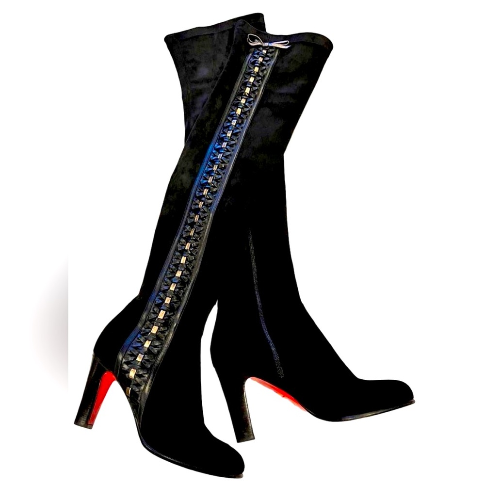 Christian Louboutin Over Thé Knee Boots sz38 Soft Suede Braided Leather Bow